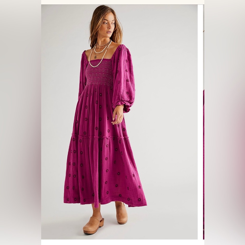 Free People Dahlia Embroidered Maxi Dress in Lilac Wine-Large